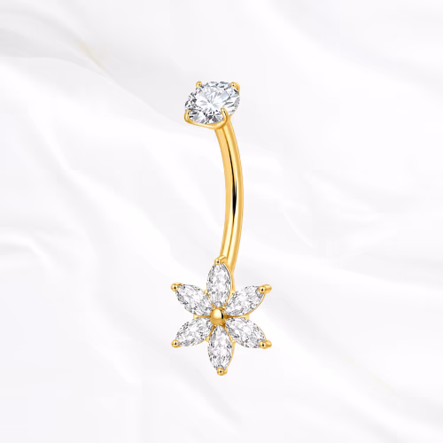 Piercing de nombril banane en titane doré Lily, fleur de lys à six pétales de zircons marquise en corolle symétrique