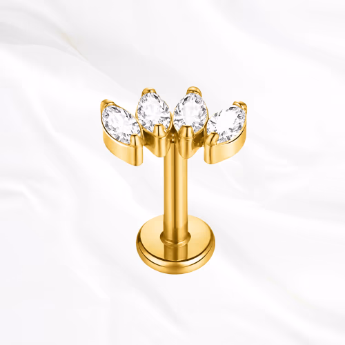 Labret en titane doré La Marquise Royale, quatre zircons marquise alignés en couronne, pointes vers le haut et presque jointifs