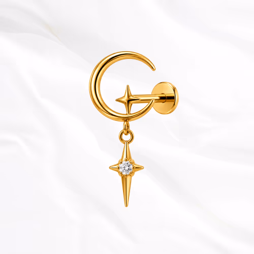 piercing labret en titane doré, croissant de lune et étoile pendante sertie d'un zircon