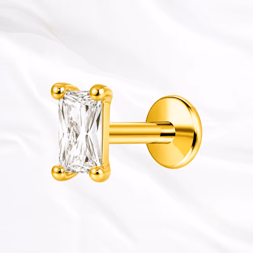 Labret push-in en titane doré Le Rectangle Brillant, zircon taille baguette serti sur quatre griffes