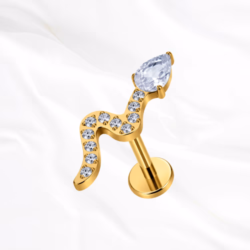 Labret en titane doré Le Serpent V2, serpent au corps pavé de petits zircons et à la tête formée d’un zircon poire