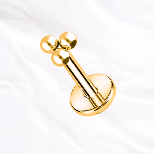 Labret push-in en titane doré La Triforce V3, trois boules de titane pleines et polies disposées en triangle serré