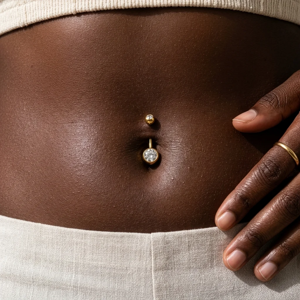 Piercing Le Nombriliste en titane doré porté au nombril, banane à gros zircon rond serti clos
