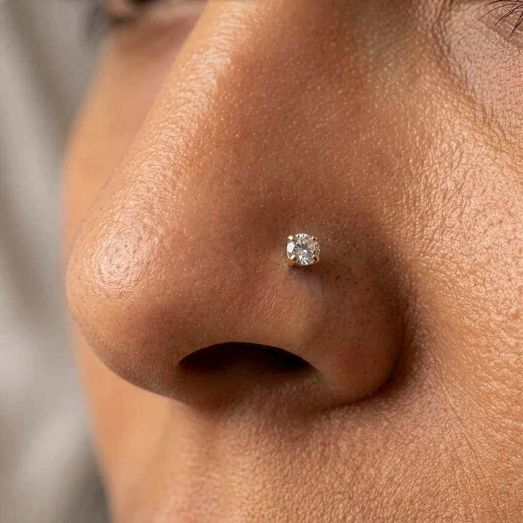 Piercing Le Serti en titane doré porté à la narine, zircon rond serti à quatre griffes